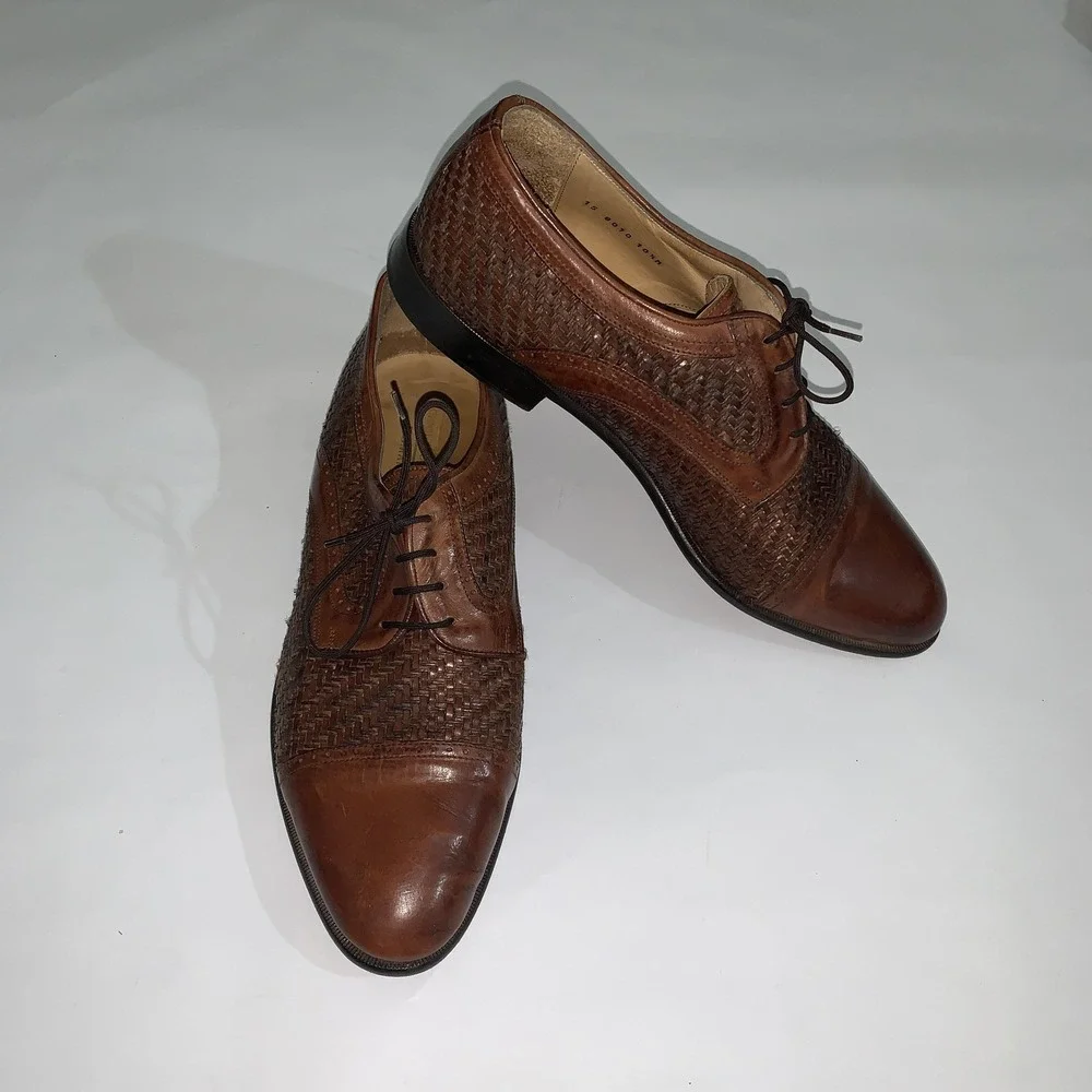 Johnston & Murphy Domani Shoes Mens 10.5 M Brown Woven Cap Toe Derby Dress Italy